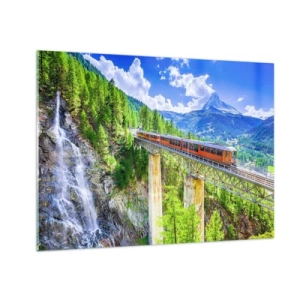 Quadro em vidro - Trem alpino em uma ponte com vista para uma cachoeira - 70x50cm - Hora dos Alpes - Decoração de parede moderna para a sala de estar e quarto ARTTOR