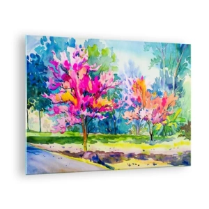 Quadro em vidro - Árvores coloridas no parque pintadas com técnica de aquarela - 70x50cm - Um jardim arco-íris no brilho da primavera - Decoração de parede moderna para a sala de estar e quarto ARTTOR