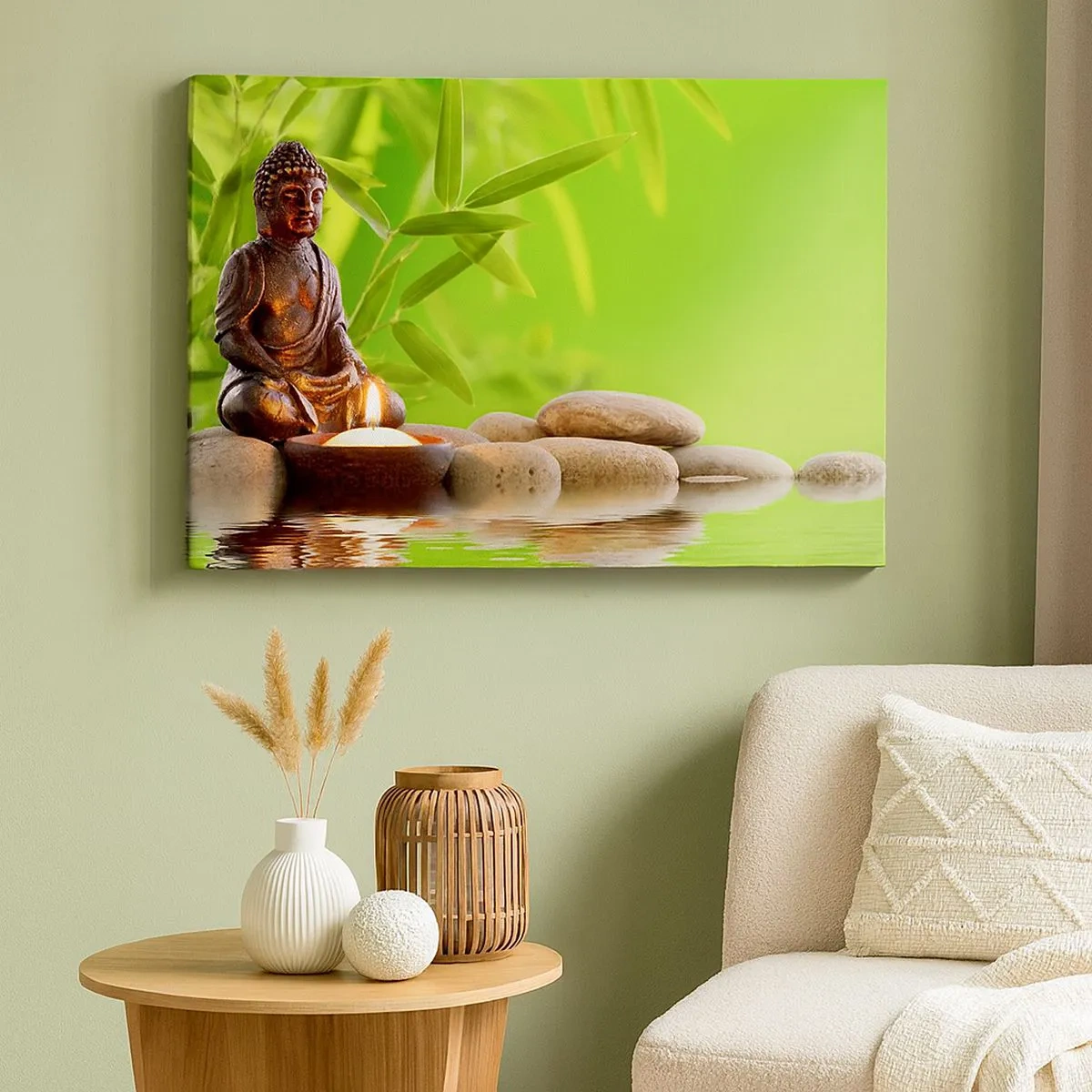 Quadro em tela - Figura de Buda com pedras e uma vela sobre um fundo de bambu - 70x50cm - A vida é linda - Decoração de parede moderna para a sala de estar e quarto ARTTOR