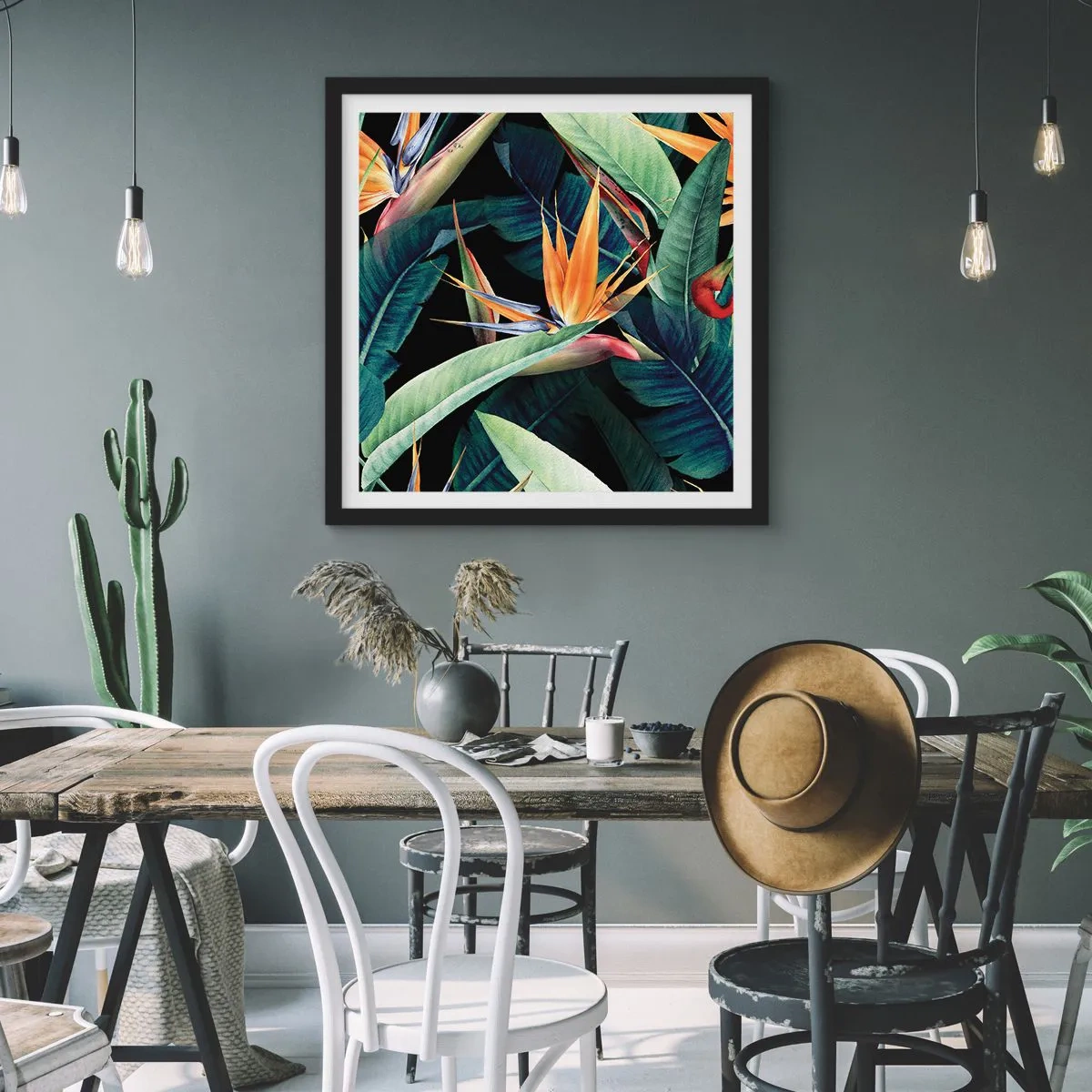 Pôster com moldura preta - Flores ardentes dos trópicos - 40x40 cm