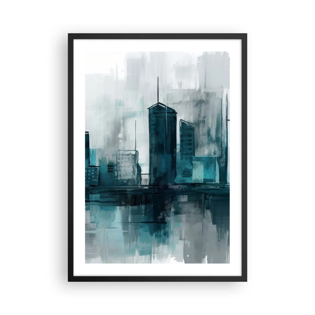 Pôster com moldura preta - Um panorama urbano moderno em tons de azul - 50x70cm - Uma cidade da cor da chuva - Decoração de parede moderna para a sala de estar e quarto ARTTOR
