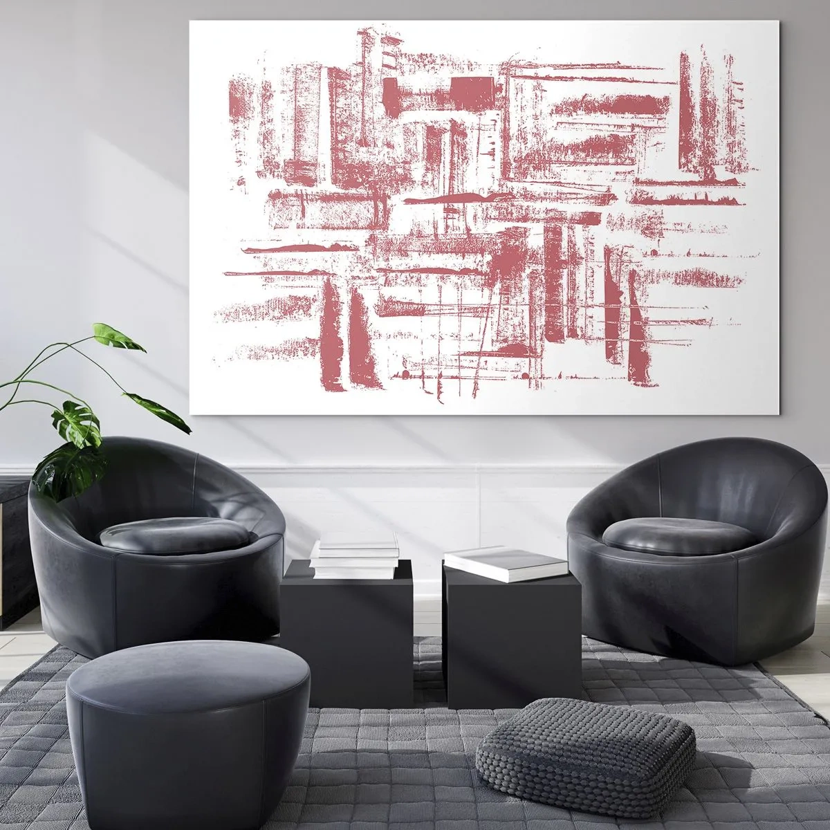 Quadro em vidro - Uma composição abstrata em vermelho que lembra o contorno da arquitetura urbana. - 70x50cm - Cidade Vermelha - Decoração de parede moderna para a sala de estar e quarto ARTTOR