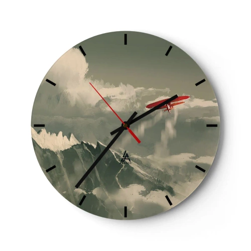Relógio de parede - Relógio em vidro - Um biplano vermelho voando sobre montanhas cobertas de neve - 30x30cm - O pioneiro destemido - Decoração de parede moderna para a sala de estar, cozinha e quarto ARTTOR