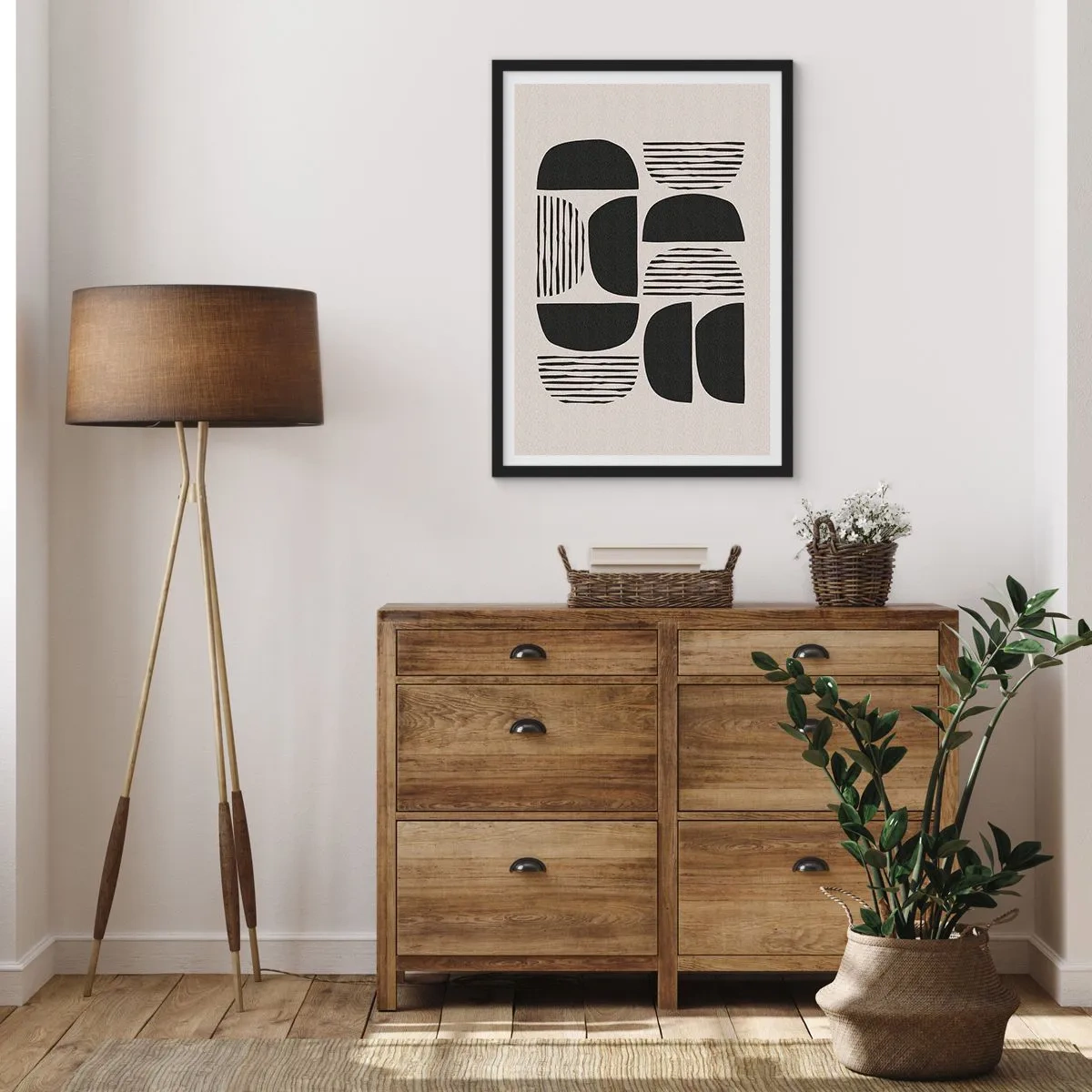 Pôster com moldura preta - Abstração geométrica com formas e linhas pretas - 50x70cm - Ofertas indiferentes - Decoração de parede moderna para a sala de estar e quarto ARTTOR