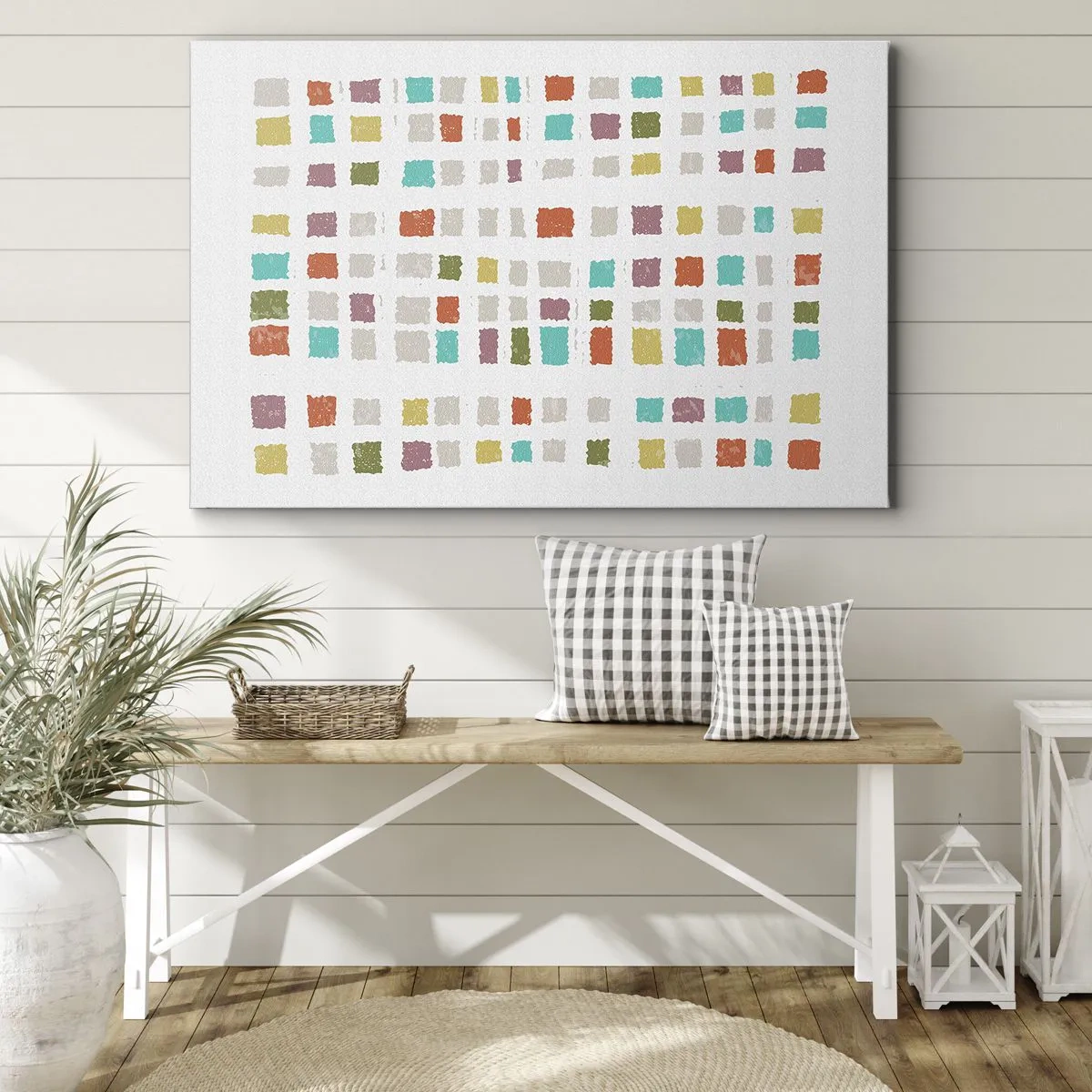 Quadro em tela - Quadrados coloridos em um arranjo minimalista sobre um fundo branco - 70x50cm - Jogo desconhecido - Decoração de parede moderna para a sala de estar e quarto ARTTOR