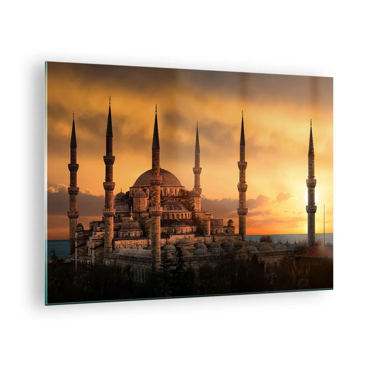 Quadro em vidro - A Mesquita Azul com o pôr do sol ao fundo - 70x50cm - Deus é grande - Decoração de parede moderna para a sala de estar e quarto ARTTOR