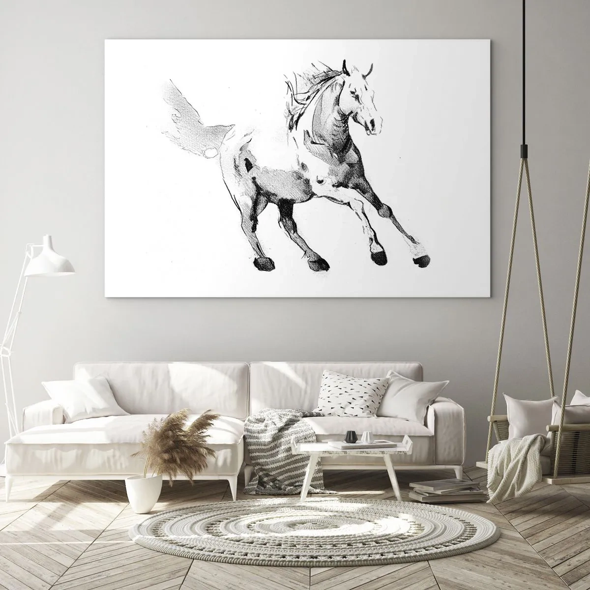 Quadro em vidro - Desenho em preto e branco de um cavalo galopando sobre um fundo branco - 70x50cm - Alma Indomável - Decoração de parede moderna para a sala de estar e quarto ARTTOR