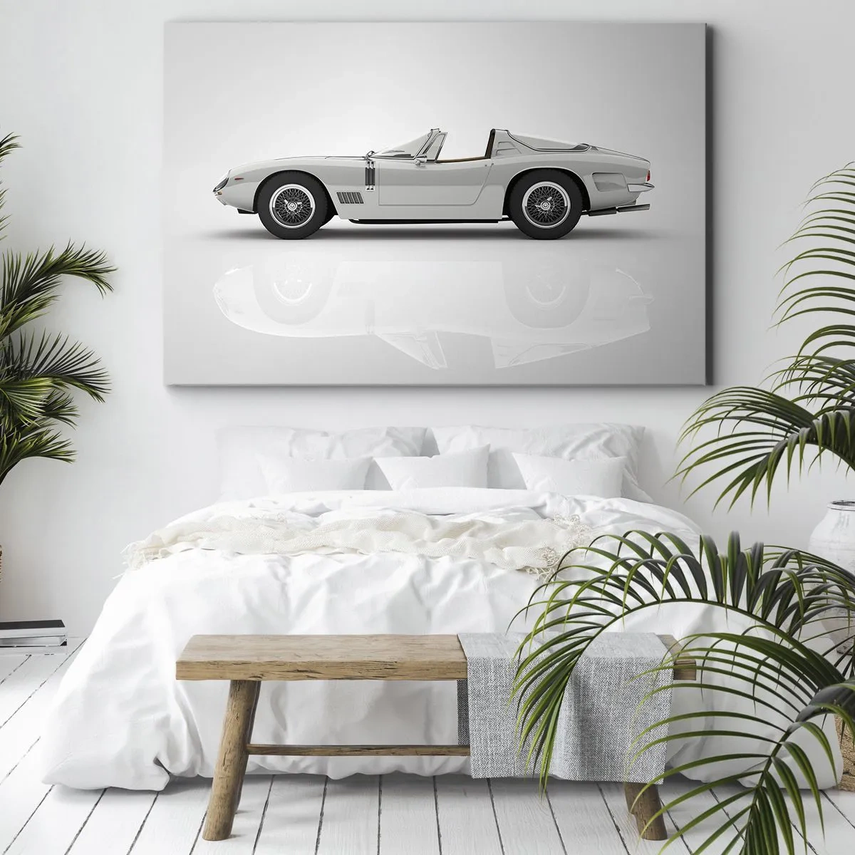 Quadro em tela - Conversível branco clássico em fundo claro - 70x50cm - A promessa de diversão - Decoração de parede moderna para a sala de estar e quarto ARTTOR