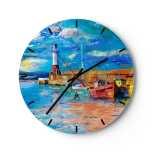 Relógio de parede - Relógio em vidro - Um farol e barcos em um cenário colorido e pitoresco - 30x30cm - Tarde na baía do arco-íris - Decoração de parede moderna para a sala de estar, cozinha e quarto ARTTOR