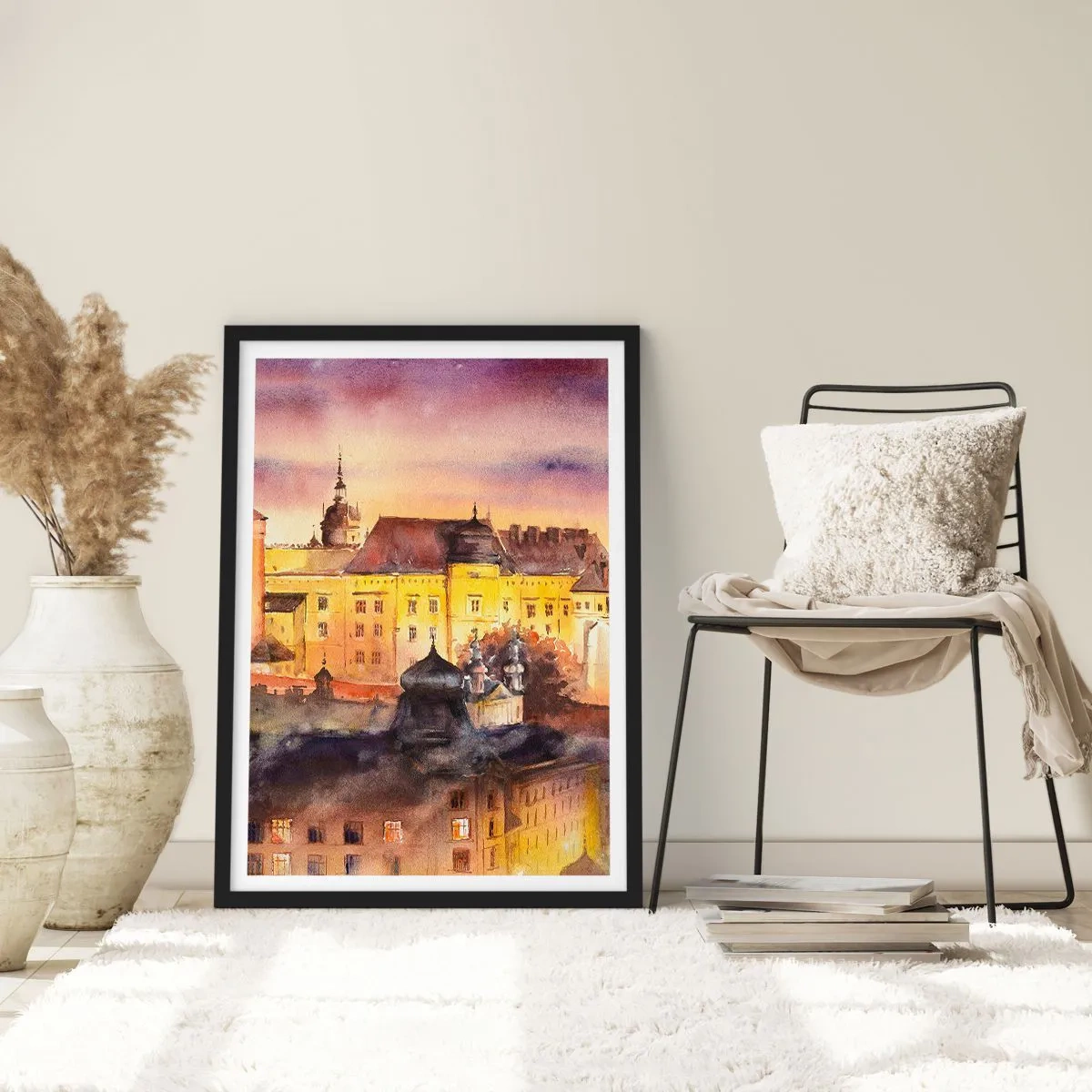 Pôster com moldura preta - Uma vista pitoresca da cidade à luz do pôr do sol - 50x70cm - História e conto de fadas - Decoração de parede moderna para a sala de estar e quarto ARTTOR