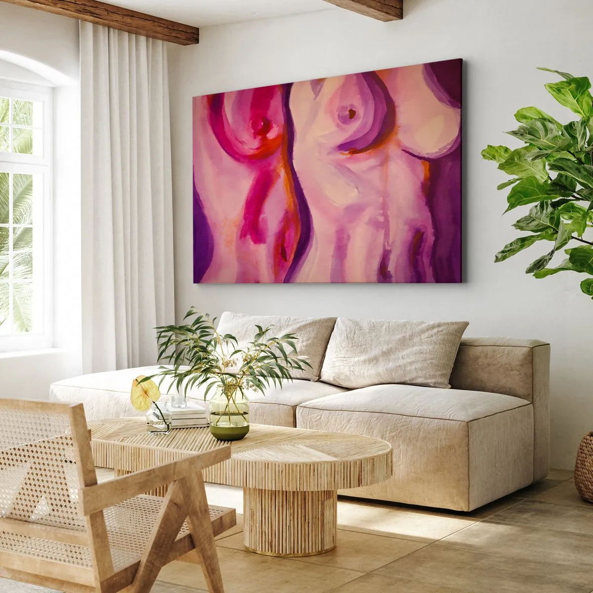 Quadro em tela - Uma interpretação abstrata da silhueta feminina em tons de rosa e roxo. - 70x50cm - Ode à Feminilidade - Decoração de parede moderna para a sala de estar e quarto ARTTOR