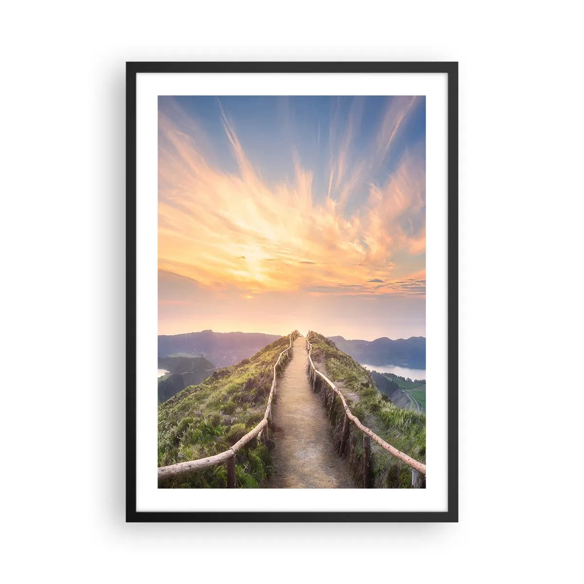 Pôster com moldura preta - Trilha no topo da colina com vista para o pôr do sol e para as montanhas - 50x70cm - Perto do céu - Decoração de parede moderna para a sala de estar e quarto ARTTOR