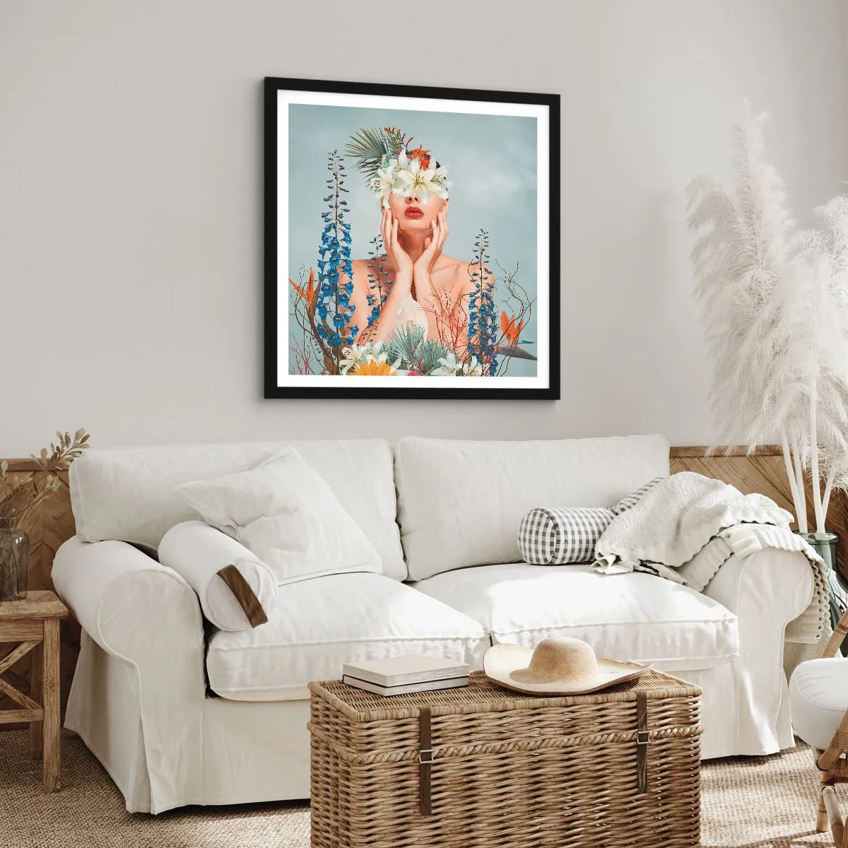 Pôster com moldura preta - Mulher – flor - 60x60 cm