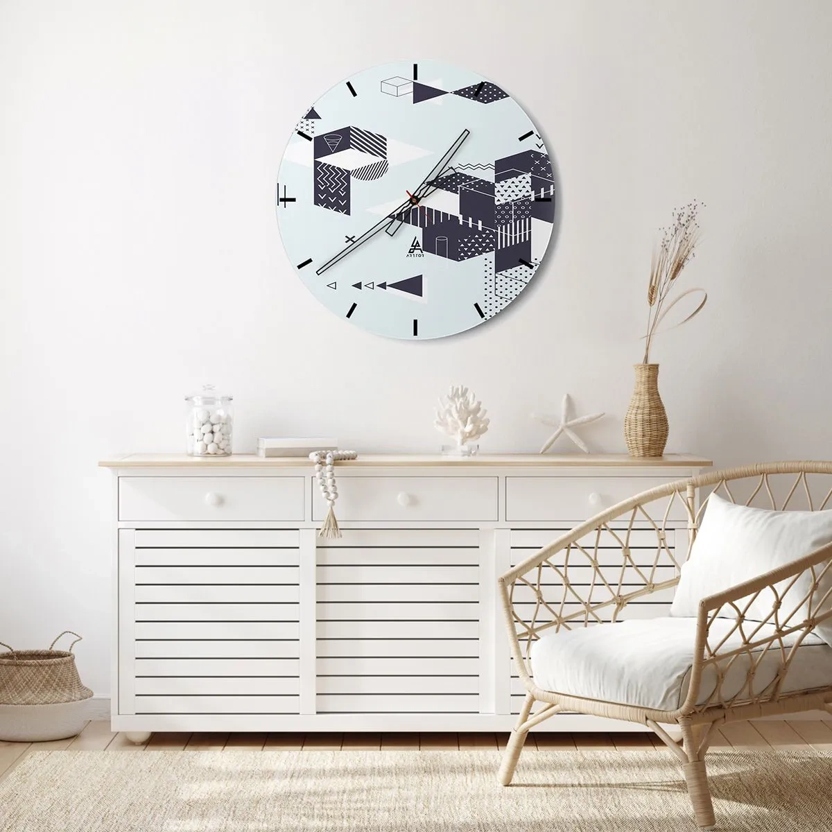 Relógio de parede - Relógio em vidro - Padrões geométricos em preto e branco - 30x30cm - Na alma de um matemático - Decoração de parede moderna para a sala de estar, cozinha e quarto ARTTOR