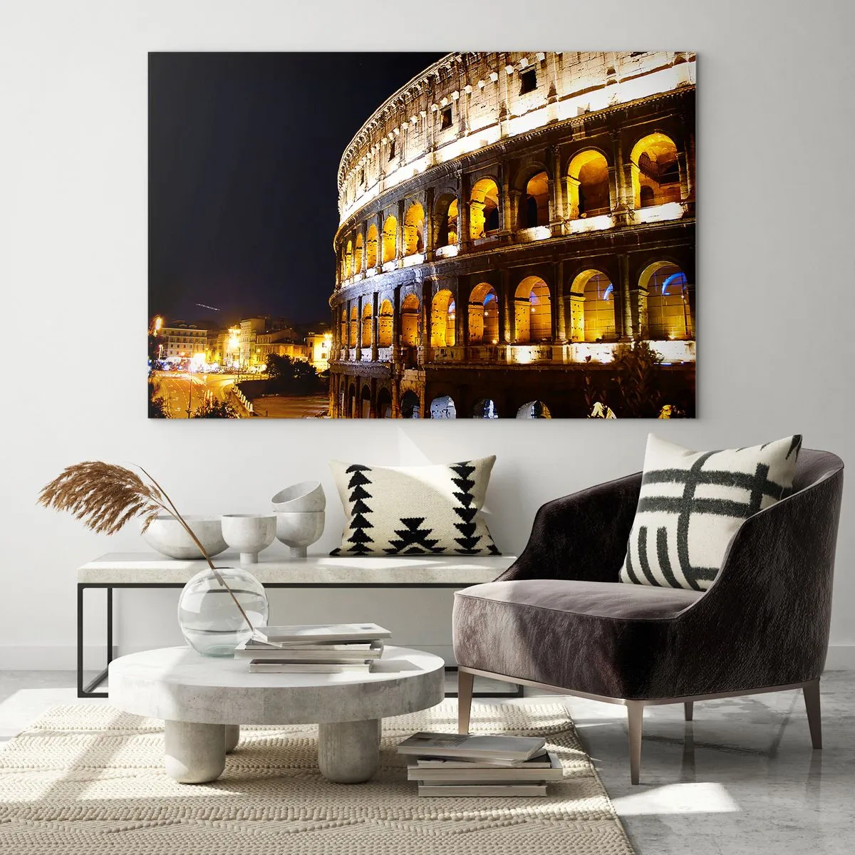 Quadro em vidro - O Coliseu à noite com arcos iluminados - 70x50cm - É hora das Olimpíadas - Decoração de parede moderna para a sala de estar e quarto ARTTOR
