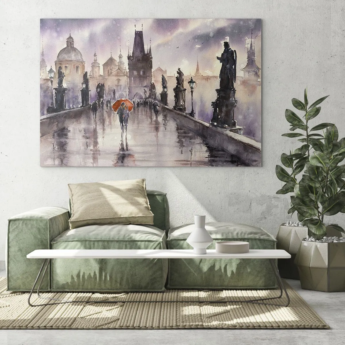 Quadro em vidro - Caminhando na chuva em uma ponte com um guarda-chuva laranja - 70x50cm - Pessoas não mudam - Decoração de parede moderna para a sala de estar e quarto ARTTOR