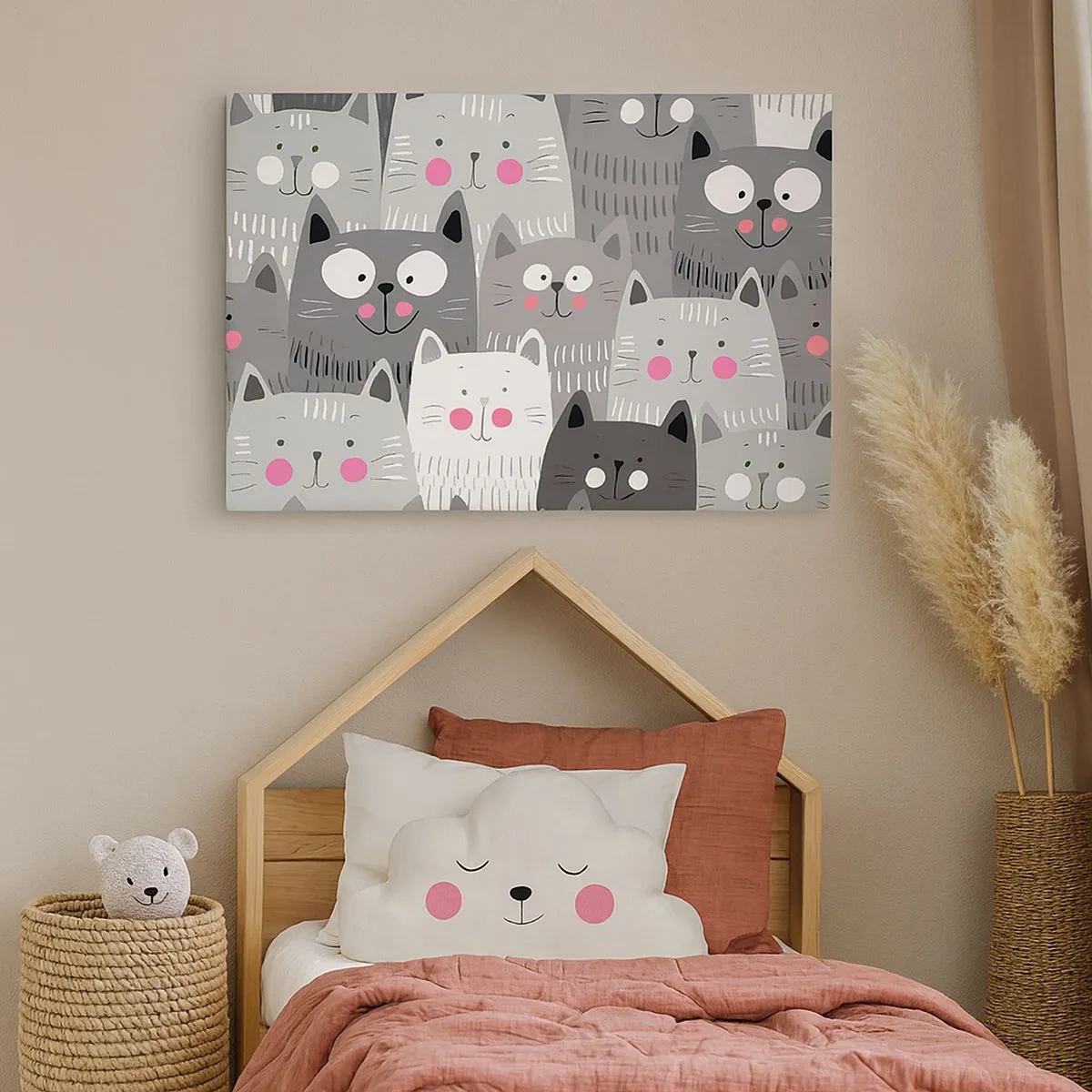 Quadro em tela - Um padrão divertido com gatos em tons de cinza - 70x50cm - O mundo dos gatos - Decoração de parede moderna para a sala de estar e quarto ARTTOR