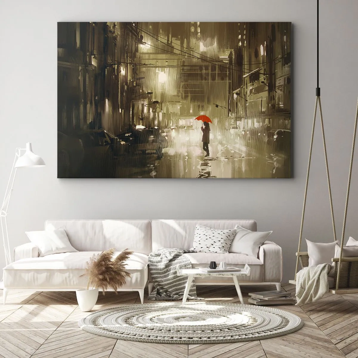 Quadro em tela - Uma figura com um guarda-chuva vermelho em uma cidade chuvosa - 70x50cm - Sozinha, mas não solitária - Decoração de parede moderna para a sala de estar e quarto ARTTOR