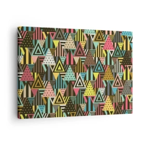Quadro em tela - Padrão geométrico colorido com triângulos e linhas - 70x50cm - Em ritmo para três - Decoração de parede moderna para a sala de estar e quarto ARTTOR