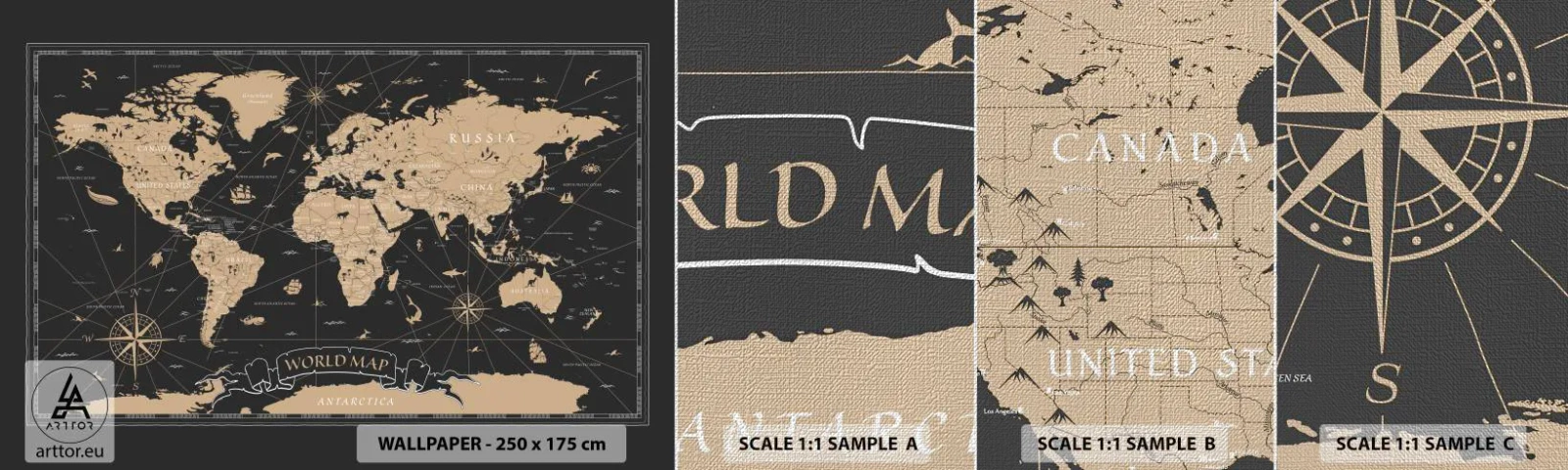 Amostra de papel de parede Premium Canvas - Os limites do meu mundo - Mapa mundial, Vintage, Retrô - 100x30 cm