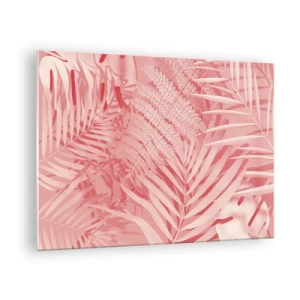 Quadro em vidro - Folhas tropicais rosa em uma composição moderna - 70x50cm - Conceito cor-de-rosa - Decoração de parede moderna para a sala de estar e quarto ARTTOR