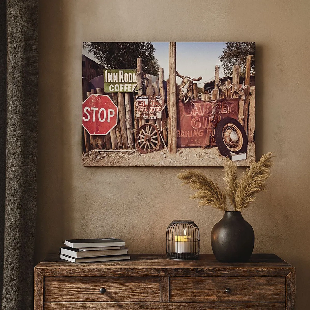 Quadro em tela - Decorações rústicas com placas e uma roda na cerca - 70x50cm - E o tempo parou - Decoração de parede moderna para a sala de estar e quarto ARTTOR