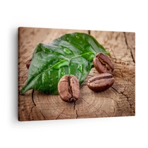 Quadro em tela - Grãos de café e folhas verdes em um fundo de madeira - 70x50cm - Preto e verdadeiro - Decoração de parede moderna para a sala de estar e quarto ARTTOR