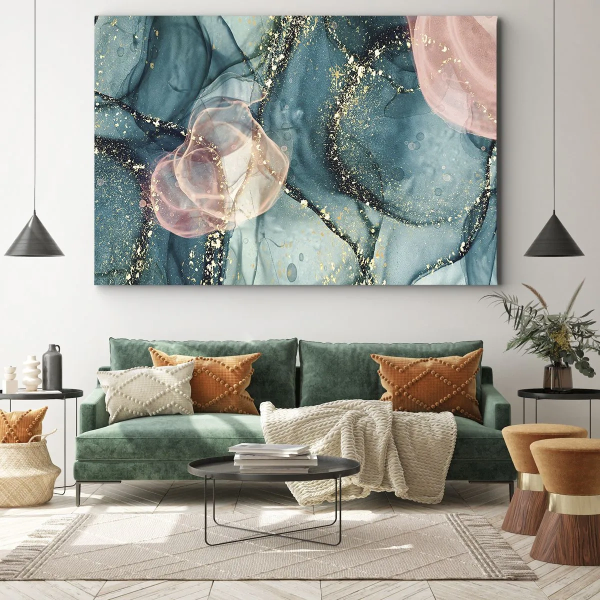 Quadro em tela - Uma composição abstrata em tons de turquesa e dourado. - 70x50cm - Azul seda, rosa tule - Decoração de parede moderna para a sala de estar e quarto ARTTOR