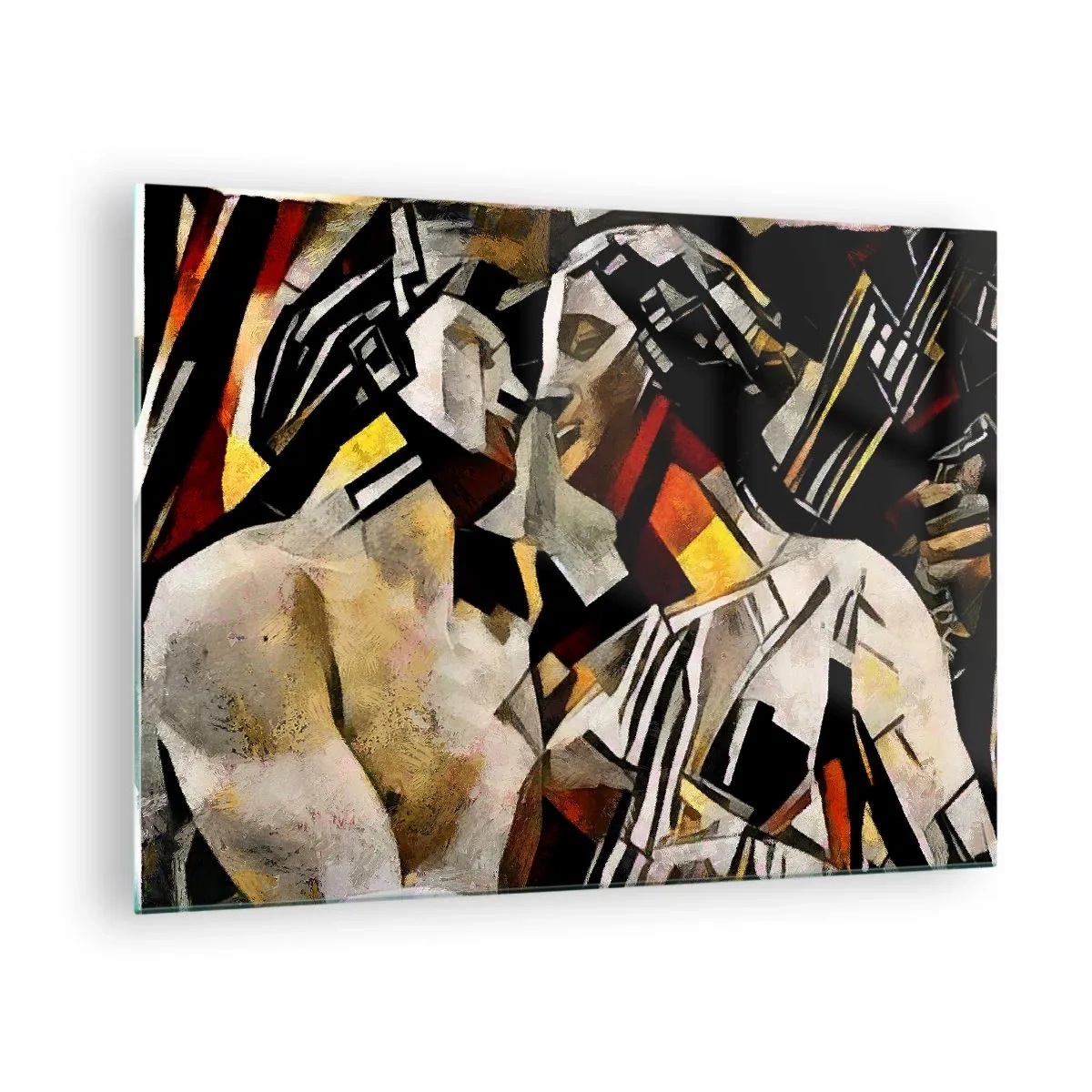 Quadro em vidro - Casal abstrato em padrões geométricos - 70x50cm - Beijo da estátua - Decoração de parede moderna para a sala de estar e quarto ARTTOR