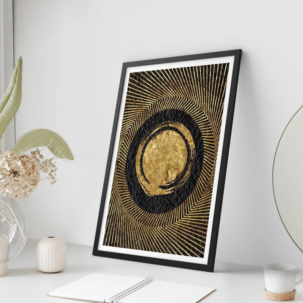 Pôster com moldura preta - Abstração geométrica dourada sobre fundo preto - 50x70cm - Composição glamourosa - Decoração de parede moderna para a sala de estar e quarto ARTTOR