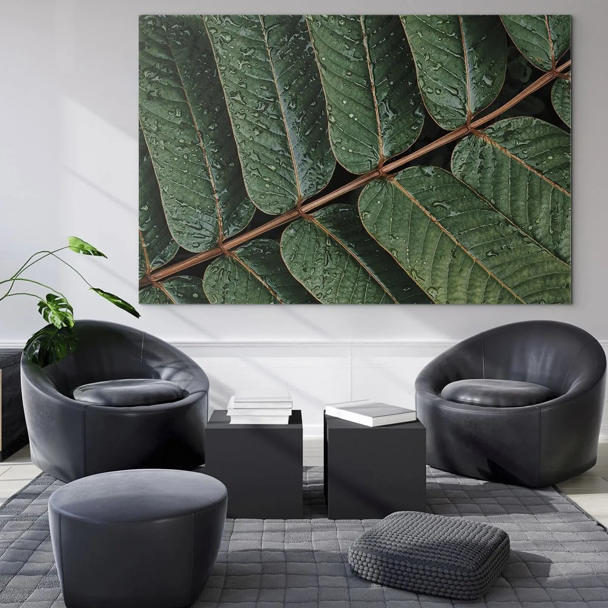 Quadro em vidro - Close-up de folhas verdes com gotas de água - 70x50cm - Num ritmo verde - Decoração de parede moderna para a sala de estar e quarto ARTTOR
