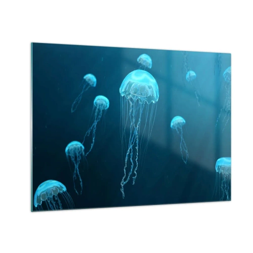 Quadro em vidro - Água-viva flutuando no oceano azul profundo - 70x50cm - Dança do oceano - Decoração de parede moderna para a sala de estar e quarto ARTTOR