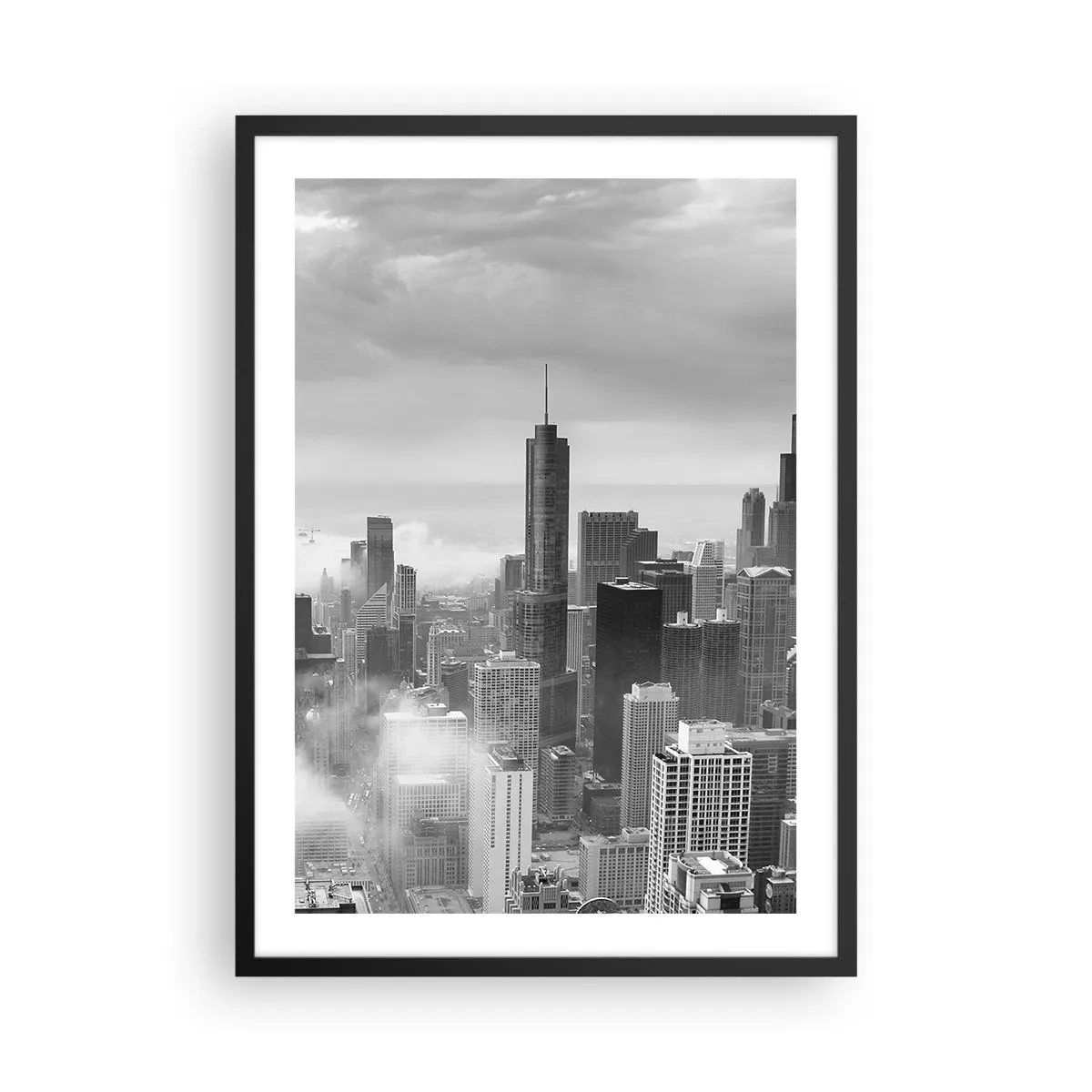Pôster com moldura preta - Vista em preto e branco do horizonte da cidade com arranha-céus nas nuvens - 50x70cm - Paisagem americana - Decoração de parede moderna para a sala de estar e quarto ARTTOR