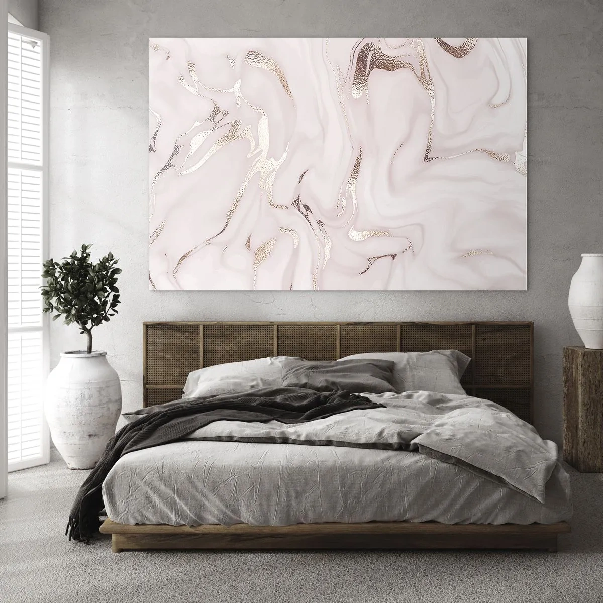 Quadro em vidro - Padrão de mármore abstrato em ouro rosa - 70x50cm - Num lenço cor-de-rosa - Decoração de parede moderna para a sala de estar e quarto ARTTOR