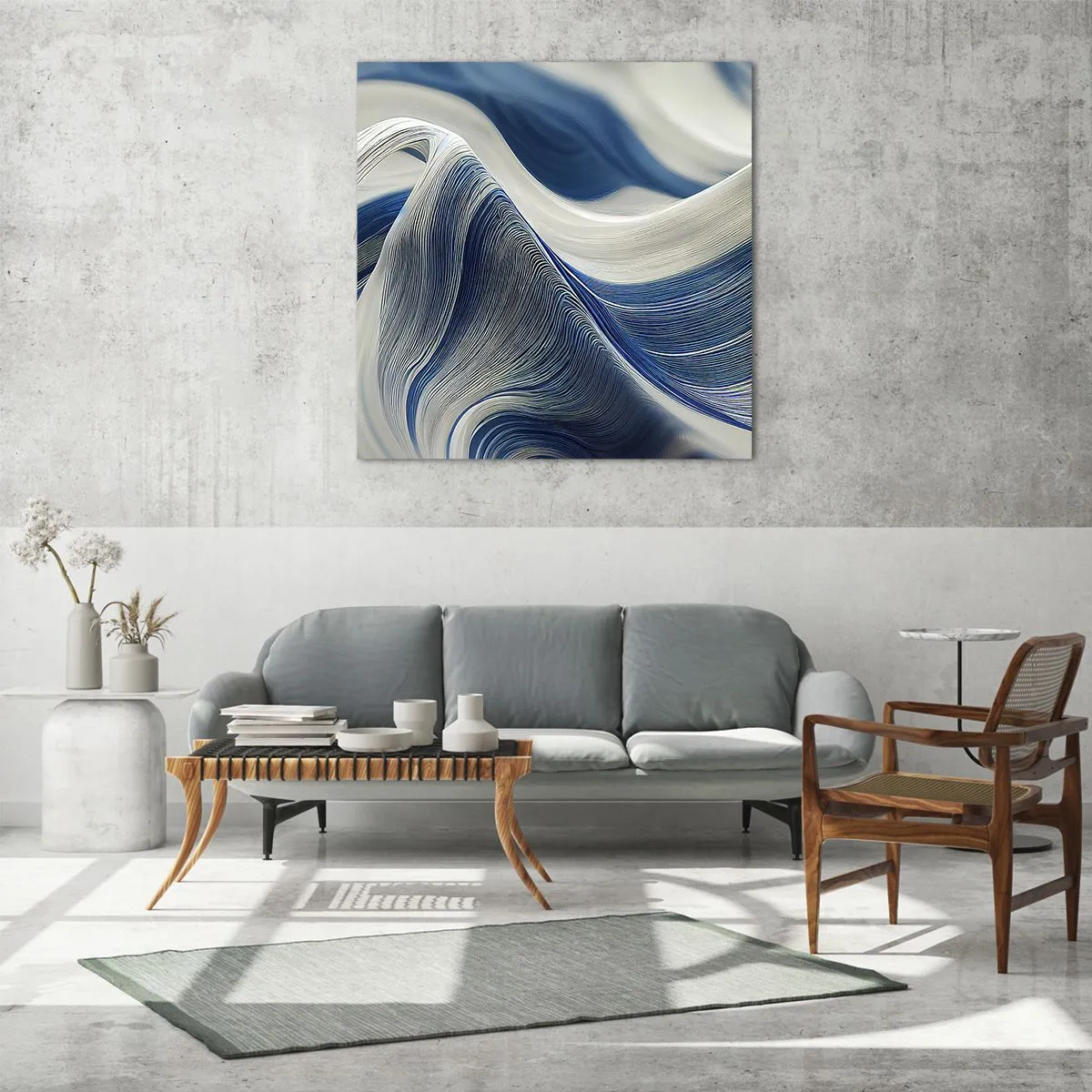 Quadro em vidro - A fluidez do azul e do branco - 60x60 cm