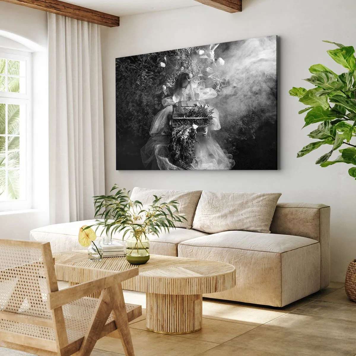 Quadro em tela - Uma composição em preto e branco com uma figura de vestido e uma gaiola na neblina. - 70x50cm - A própria mãe – natureza - Decoração de parede moderna para a sala de estar e quarto ARTTOR