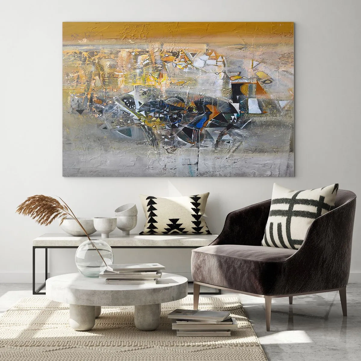 Quadro em vidro - Abstração artística em ouro, prata e cinza - 70x50cm - Tudo vai se encaixar - Decoração de parede moderna para a sala de estar e quarto ARTTOR