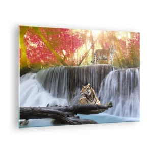 Quadro em vidro - Tigres contra uma cachoeira e paisagem de outono - 70x50cm - Paisagem surrealista    - Decoração de parede moderna para a sala de estar e quarto ARTTOR