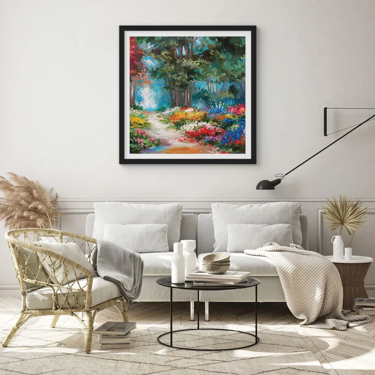 Pôster com moldura preta - Jardim florestal, floresta florida - 30x30 cm