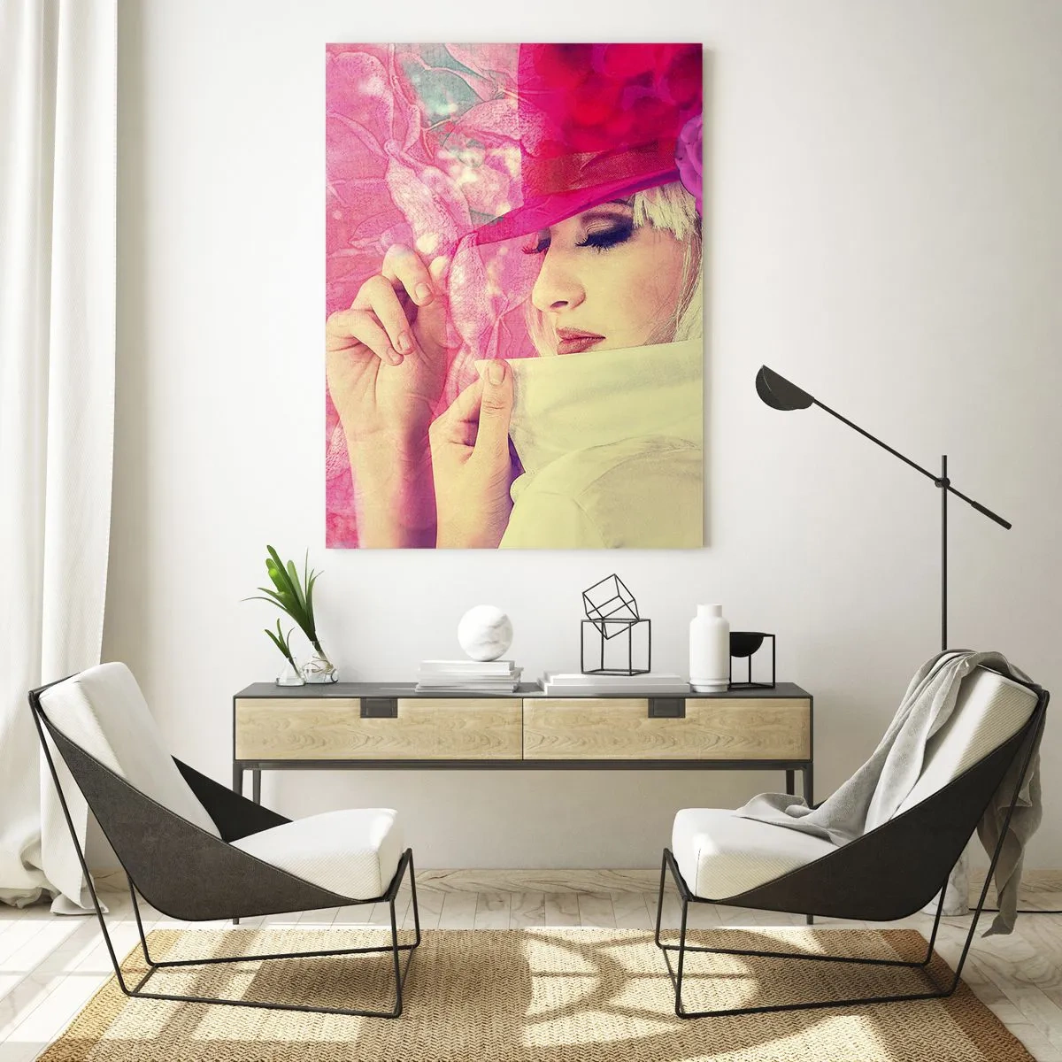 Quadro em vidro - Retrato retro em rosa - 80x120 cm