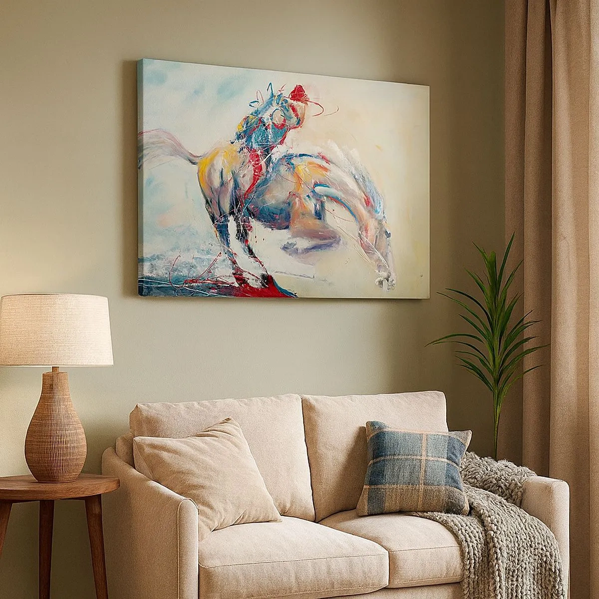 Quadro em tela - Uma imagem dinâmica de um cavalo em um estilo artístico abstrato. - 70x50cm - Segure-se, vamos pular - Decoração de parede moderna para a sala de estar e quarto ARTTOR