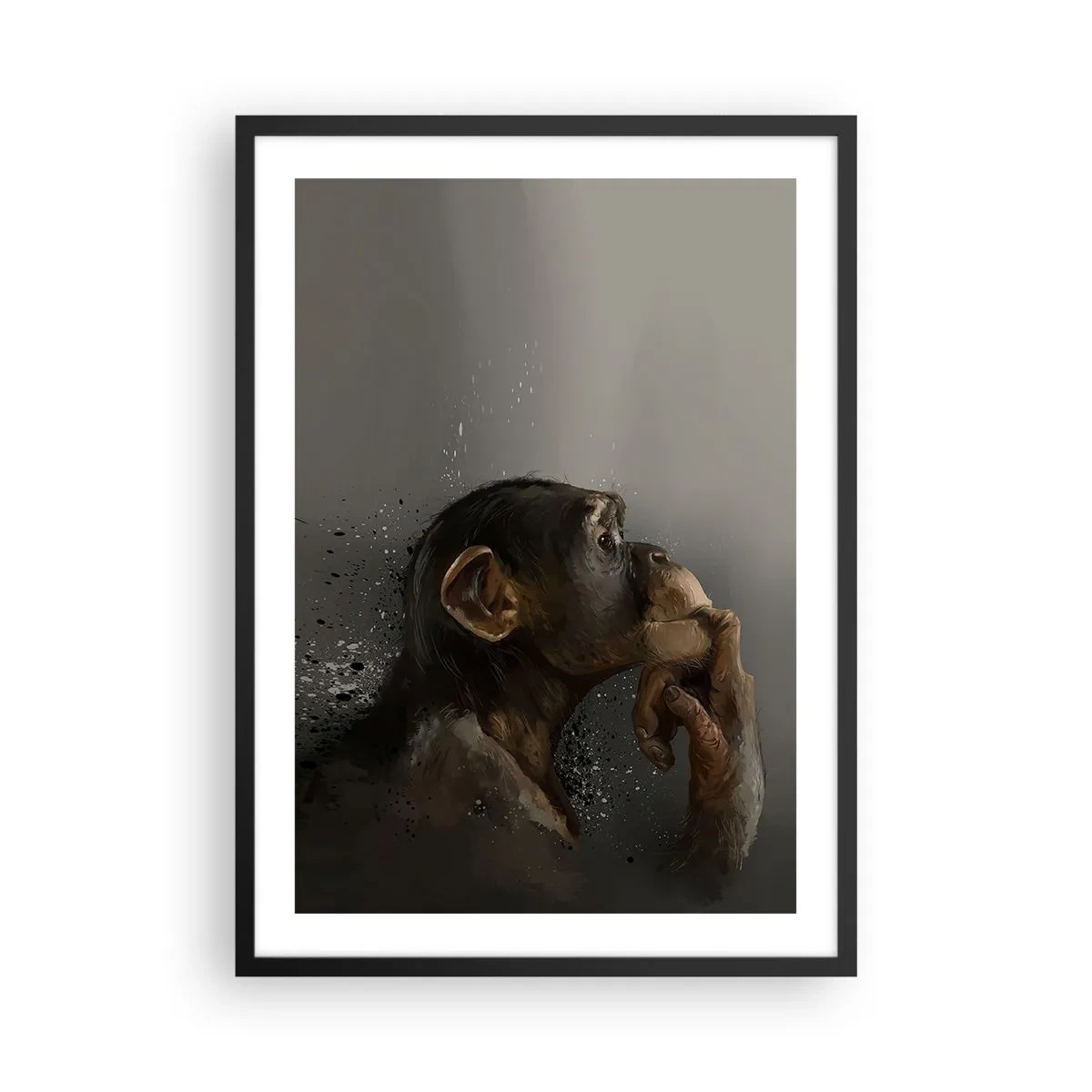 Pôster com moldura preta - Retrato de um macaco pensante em tons suaves de cinza com fundo abstrato - 50x70cm - Certamente um pensador - Decoração de parede moderna para a sala de estar e quarto ARTTOR
