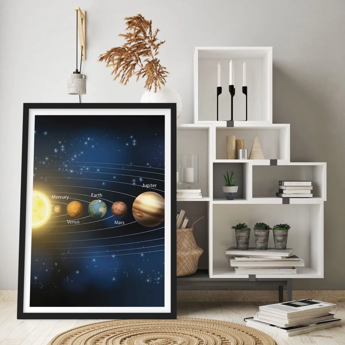 Pôster com moldura preta - O sistema solar com planetas contra o fundo de estrelas - 50x70cm - Um de dez - Decoração de parede moderna para a sala de estar e quarto ARTTOR