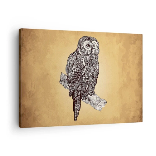 Quadro em tela - Uma coruja em estilo ornamental sobre fundo bege - 70x50cm - Ornamentos intrincados de sabedoria - Decoração de parede moderna para a sala de estar e quarto ARTTOR