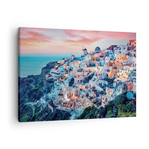 Quadro em tela - Santorini ao pôr do sol com edifícios brancos na colina - 70x50cm - As suas grandes férias gregas - Decoração de parede moderna para a sala de estar e quarto ARTTOR