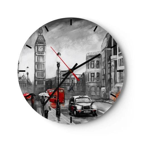 Relógio de parede - Relógio em vidro - Big Ben e uma rua de Londres com um ônibus vermelho e um táxi - 30x30cm - Não é uma cidade cinzenta - Decoração de parede moderna para a sala de estar, cozinha e quarto ARTTOR