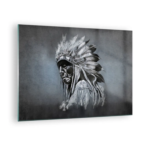 Quadro em vidro - Retrato de um homem com um cocar de penas sobre um fundo cinza escuro - 70x50cm - De volta às raízes - Decoração de parede moderna para a sala de estar e quarto ARTTOR
