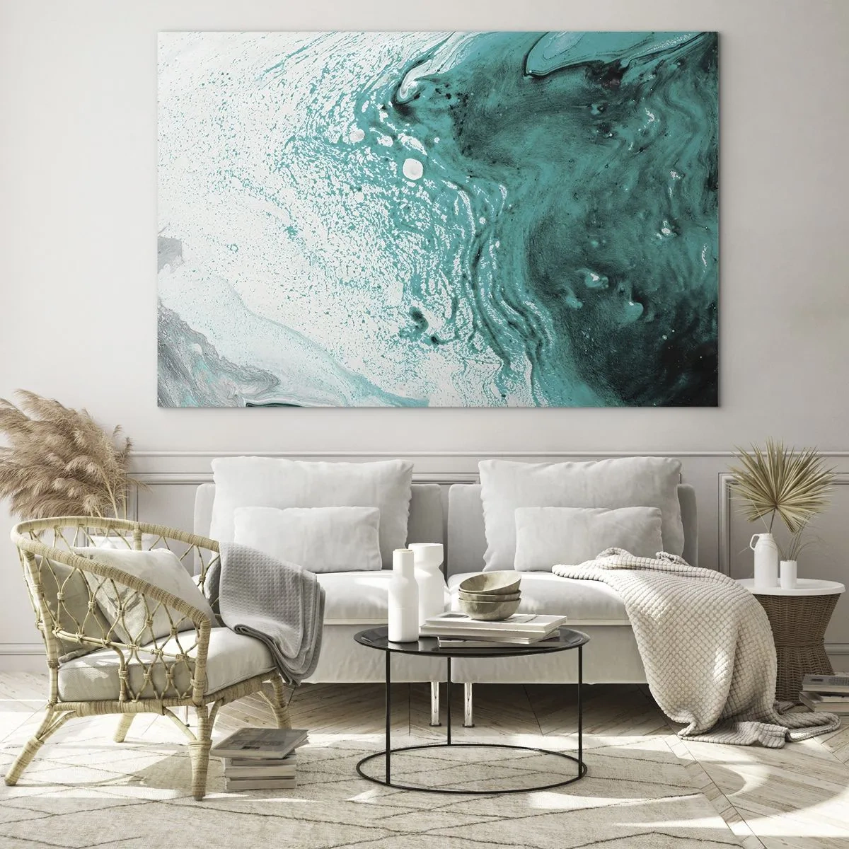 Quadro em vidro - Uma pintura abstrata em tons de branco e turquesa - 70x50cm - Derreter a branco e turquesa - Decoração de parede moderna para a sala de estar e quarto ARTTOR