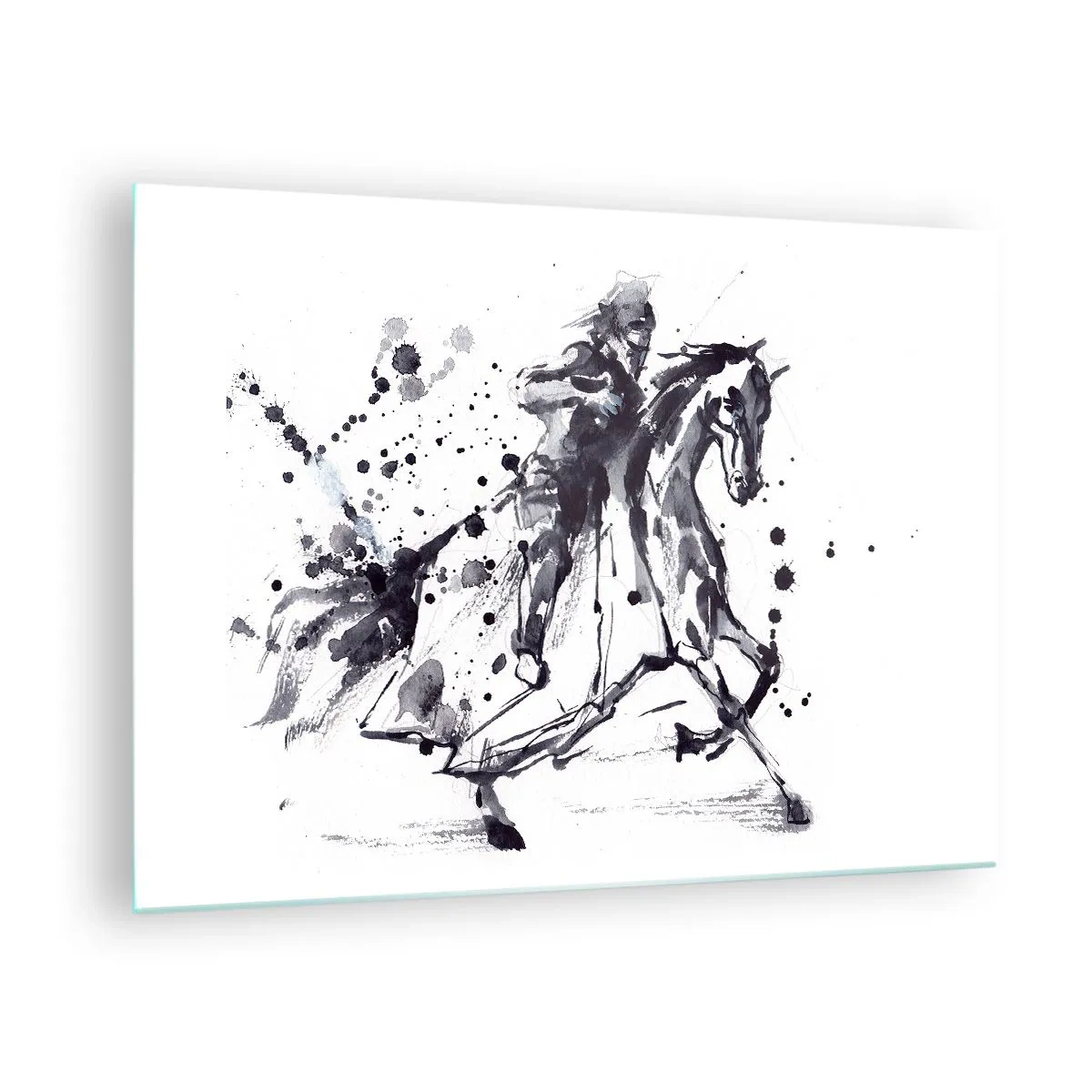 Quadro em vidro - Pintura em preto e branco de um cavaleiro a cavalo em estilo abstrato - 70x50cm - Cavaleiro Negro - Decoração de parede moderna para a sala de estar e quarto ARTTOR