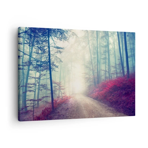 Quadro em tela - Um caminho mágico na floresta cercado por árvores e neblina - 70x50cm - Como é bom acordar cedo - Decoração de parede moderna para a sala de estar e quarto ARTTOR